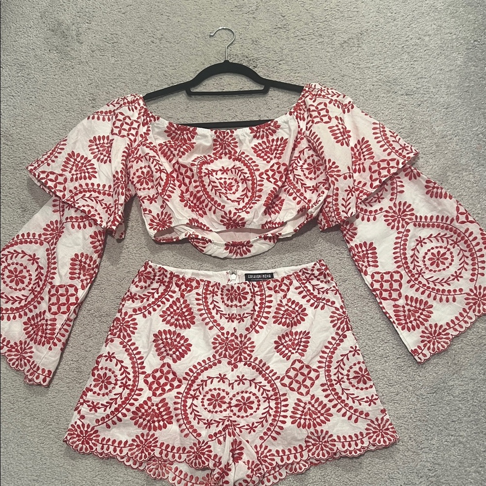 Fashion Nova Red and White Patterned Crop Top And Short Set